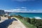 Close up on benches on coastal footpath cliff, relaxation concept, admiring scenic aerial view on atlantic coastline, bidart, fran