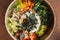 Close up of Bibimbap or Korean rice dish served on table.