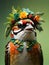 Close up, bird wearing a colorful big flower crown. Very minimalistic style, green background