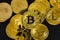 Close-up of Bitcoin coin on top of various golden cryptocurrencies