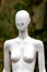 Close up of bizarre head and shoulders of topless female white mannequin in woodland setting at Marston Park, Somerset, UK