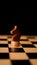 Close up of black chess piece on board. Wooden figure of knight on chessboard on black background. Concept of