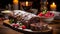 Close-up of black Chocolate Yule log dessert with red fruits in decorations presented on a wood tray