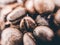 Close up of Black coffee beans with a natural bitter taste, with blurry background