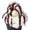 Close up of black cone, waffle cup with scoops of ice cream decorated chocolate glaze is isolated on white background