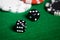 Close up of black dices on green casino table