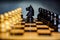 Close up of a black knight and pawns on a chess board