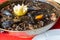 Close-up of black rice with squid â€“in inkâ€“ mussels, clams and other seafood.