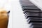 Close up of black and white piano keys.