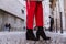 Close up of black women\'s boot socks on the italian street.