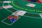 Close up of a blackjack table with cards and chips. 3d illustration