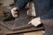 Close up of blacksmith holding a metal plate