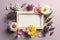 Close up blank photo frame with springs flowers season, stylish background, minimalist, interior design with Generative AI