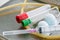 Close up Blood Tube syringe and alcohol cotton in sterilite plate for draw blood from patient laboratory analysis for diagnosis