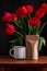 Close up of blooming amazing red spring tulips. Dark moody low key flowers photo banner. Greeting card minimalism style