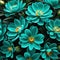 Close up of blooming flowerbeds of amazing teal flowers on dark moody floral ured Photorealistic