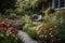 close-up of blooming garden, with view of cozy patio in the background