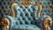 A close up of a blue chair with gold trim and ornate detailing, AI