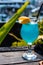 Close up of a blue cocktail drink in nice