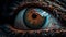 a close up of a blue eye with brown streaks on it\\\'s iris and a black background with a white spot in the center