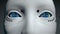 Close up on blue eyes of female humanoid robot with shiny white plastic skin. 3D Illustration