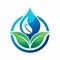 Close-up of a blue and green water drop resting on vibrant leaves, A logo that captures the essence of water conservation with