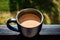 Close-Up Of Blue Mug Of Morning Coffee Ready To Drink On The Ledge Of Balcony