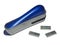 Close up blue office stapler isolated on white with load refill