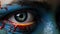A close up of a blue painted face with blood dripping down it, AI