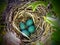 Close-up of Blue Robin Eggs in a Nest in a Tree