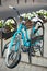 Close-up of blue vintage bicycle at street parking outdoors