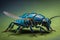 Close up of a blue wasp on a green leaf. generative ai