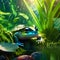 Close up of a blue water frog swimming in a green pond. AI generated