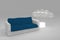 Close up blue and white polygonal modern style sofa with translucent balloon planted at a white light box on the left side of sofa
