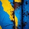 a close up of a blue and yellow painted wall