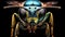 Close up of a blue and yellow wasp with big eyes. Black background. Generative AI