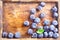 Close-up of blueberries in an old wooden tray