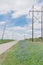 Close up bluebonnet blossom along steep country road with white picket fence and power pylons in Texas, USA