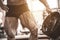 Close-up of bodybuilders muscular legs. Athlete man doing workout exercise in gym.