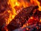 close-up of a bonfire, showcasing the intense flames, glowing embers, and charred wood