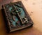 A close up of a book with vintage key on it