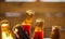 Close up of bottles of craft beer on blurred background