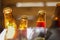 Close up of bottles of craft beer on blurred background