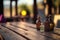 Close-up of bottles on a wooden table outdoors, ai generated