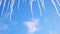 Close up bottom view of melting icicles on blue cloudy sky background. Concept. Early spring natural landscape, end of