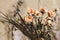 Close-up of a bouquet of dying flowers against a brown backgroun