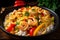 Close-up of a bowl of creamy coconut curry with tender shrimp and bell peppers, topped with chopped peanuts