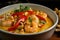 Close-up of a bowl of creamy coconut curry with tender shrimp and bell peppers, topped with chopped peanuts