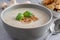 A close-up of a bowl of mushroom soup