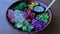 Close up of a bowl. Poke bowl salad on a wooden table.